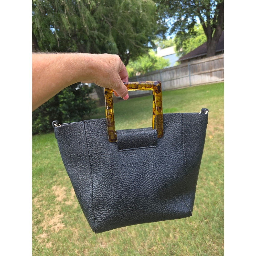 Black Pebbled Leather Satchel Bag Tortoise Shell Square Acrylic Handle